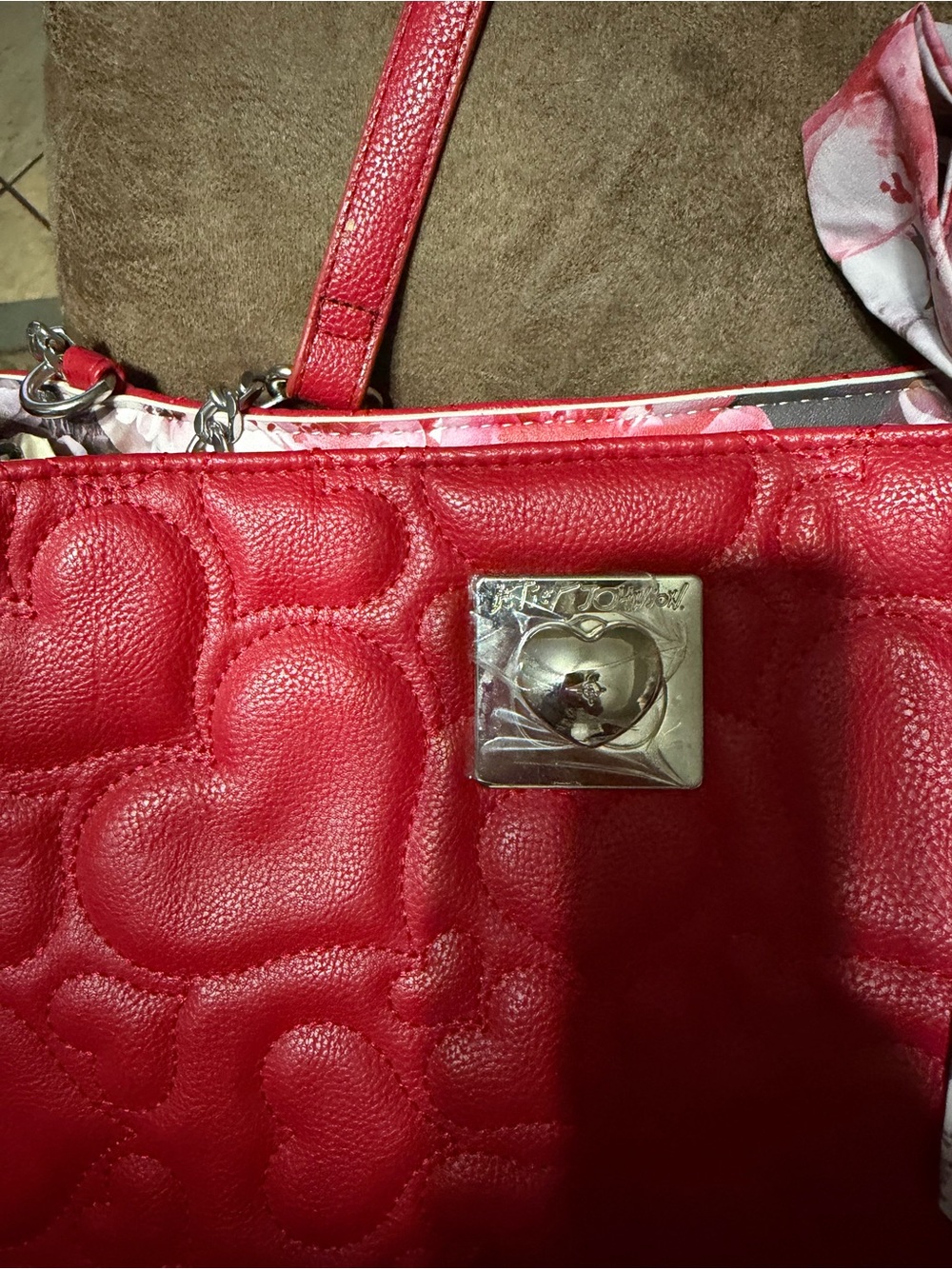 Quilted Red Top-Handle Tote with Floral Scarf - Picture 2 of 8
